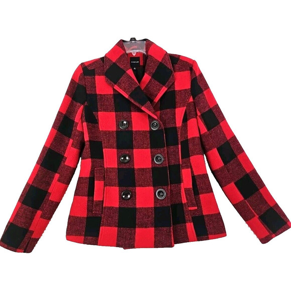 Rampage ~Woman Size M~ Scarlet Red/Caviar Plaid Buffalo Check Pea Coat Jacket. - Picture 10 of 11